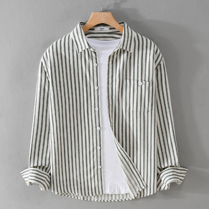 Herren Leichtes gestreiftes Layering-Overshirt aus Leinen-Baumwollmix mit Brusttasche und abgerundetem Saum Echoarchiv