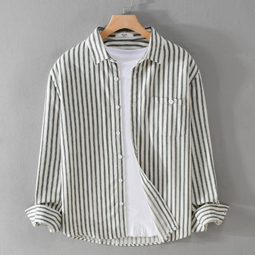 Herren Leichtes gestreiftes Layering-Overshirt aus Leinen-Baumwollmix mit Brusttasche und abgerundetem Saum Echoarchiv