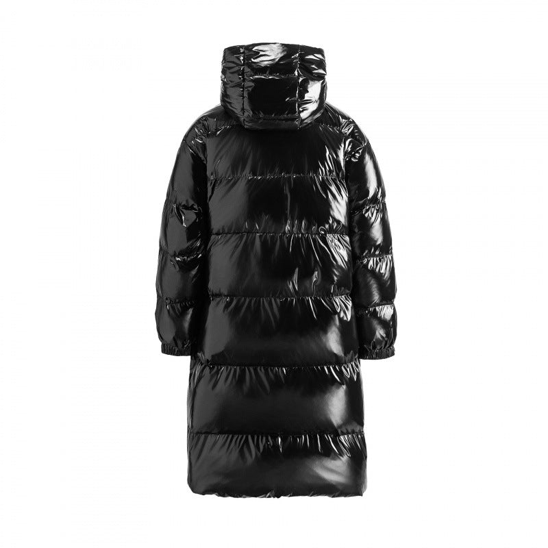 Damen langer glänzender gesteppter Puffer-Mantel mit Kapuze, Utility-Taschen und Oversize-Silhouette Echo Archiv