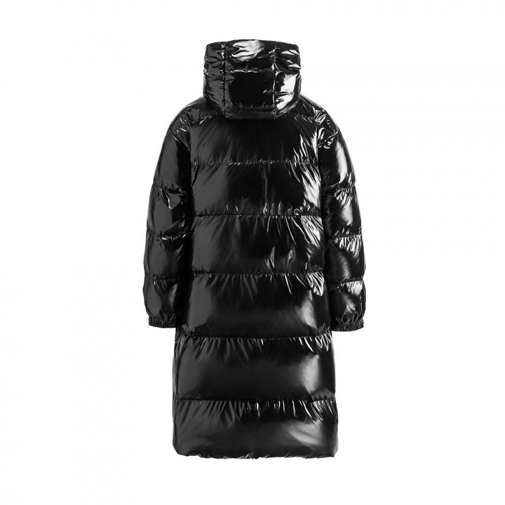 Damen langer glänzender gesteppter Puffer-Mantel mit Kapuze, Utility-Taschen und Oversize-Silhouette Echo Archiv
