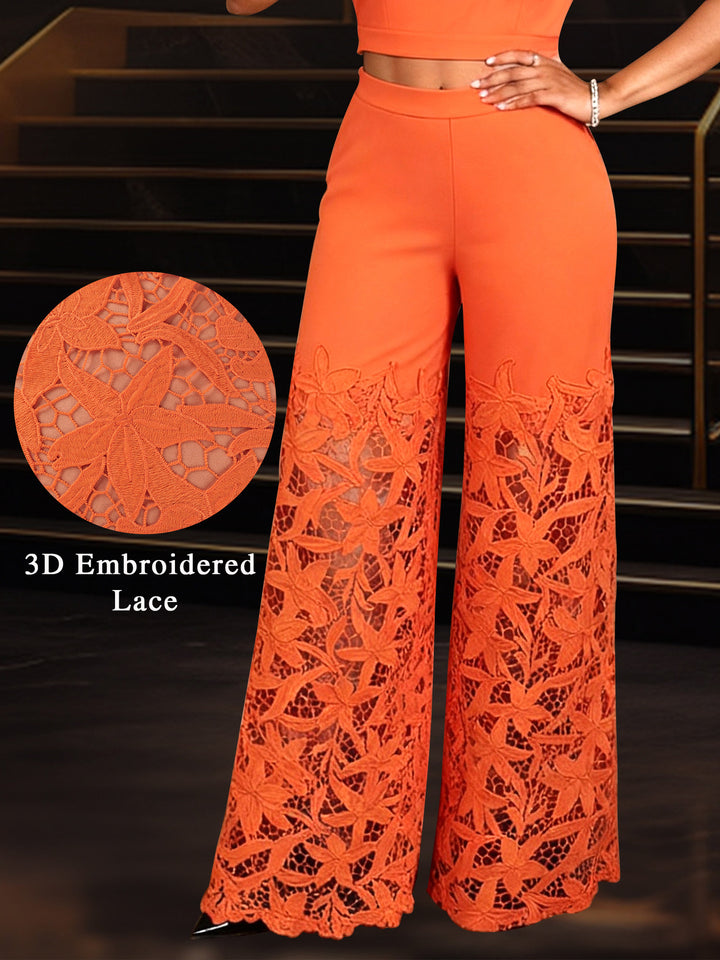 Damen elegante weit geschnittene Hose mit 3D gestickten Spitzenakzenten Echo Archiv