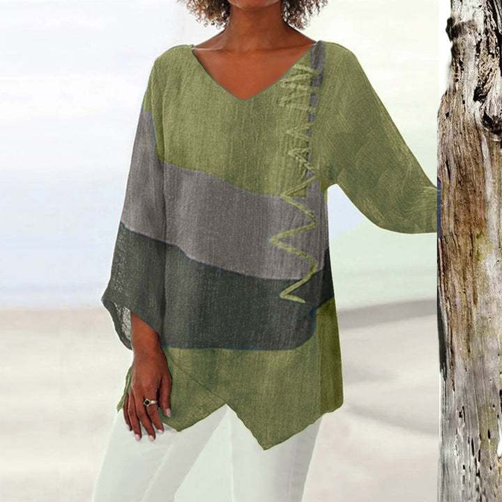 Frauen Casual A-Linien Leinenlook Tunika mit Farbblockstreifen und V-Ausschnitt – Avérine