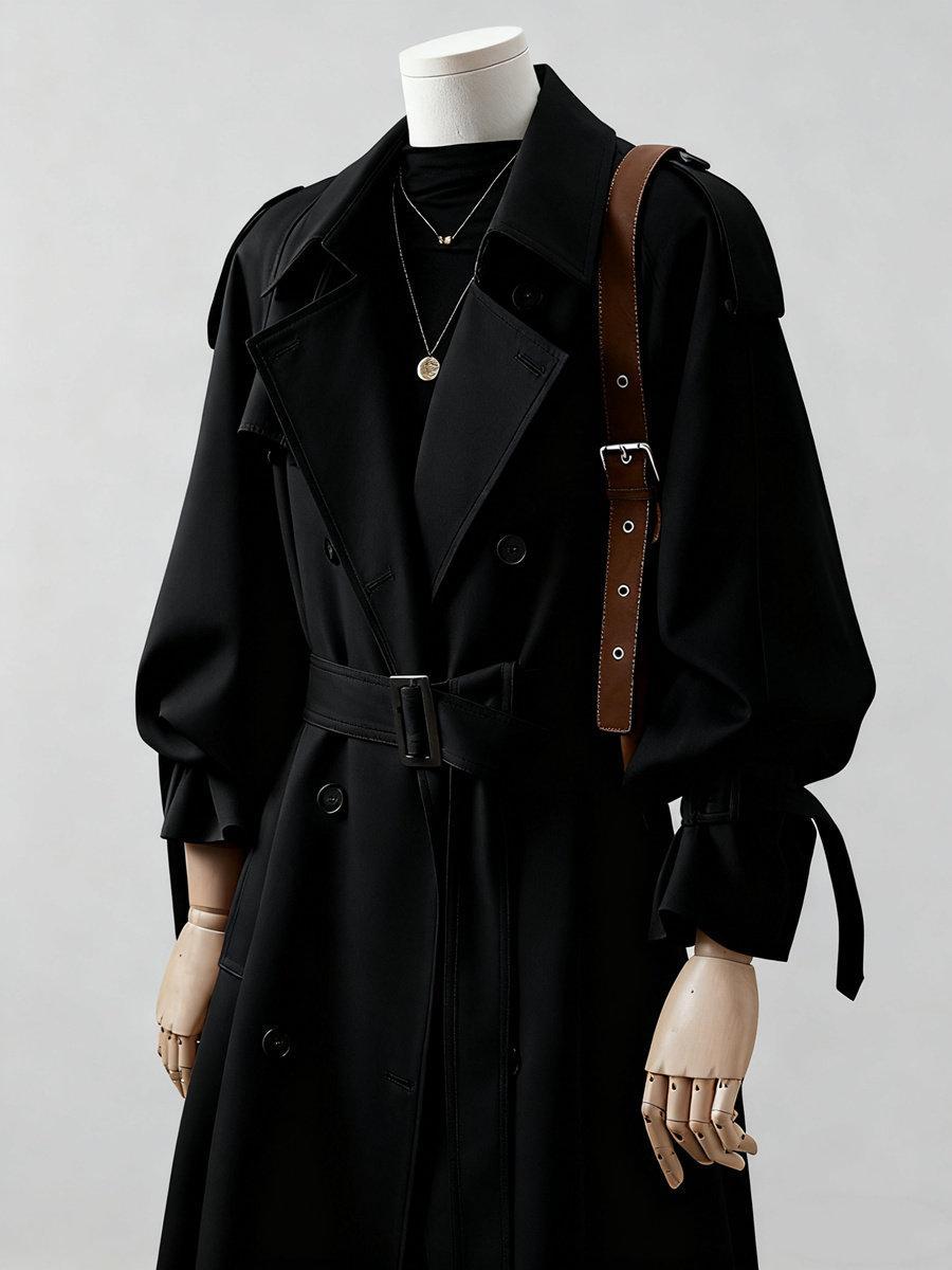 Damen Doppelreihiger Trenchcoat mit Taillengürtel und Ballonärmeln Echoarchiv
