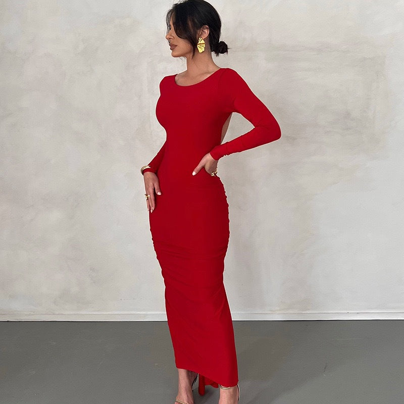 Damen Elegantes figurbetontes Maxikleid mit langen Ärmeln und Rundhalsausschnitt Echo Archiv