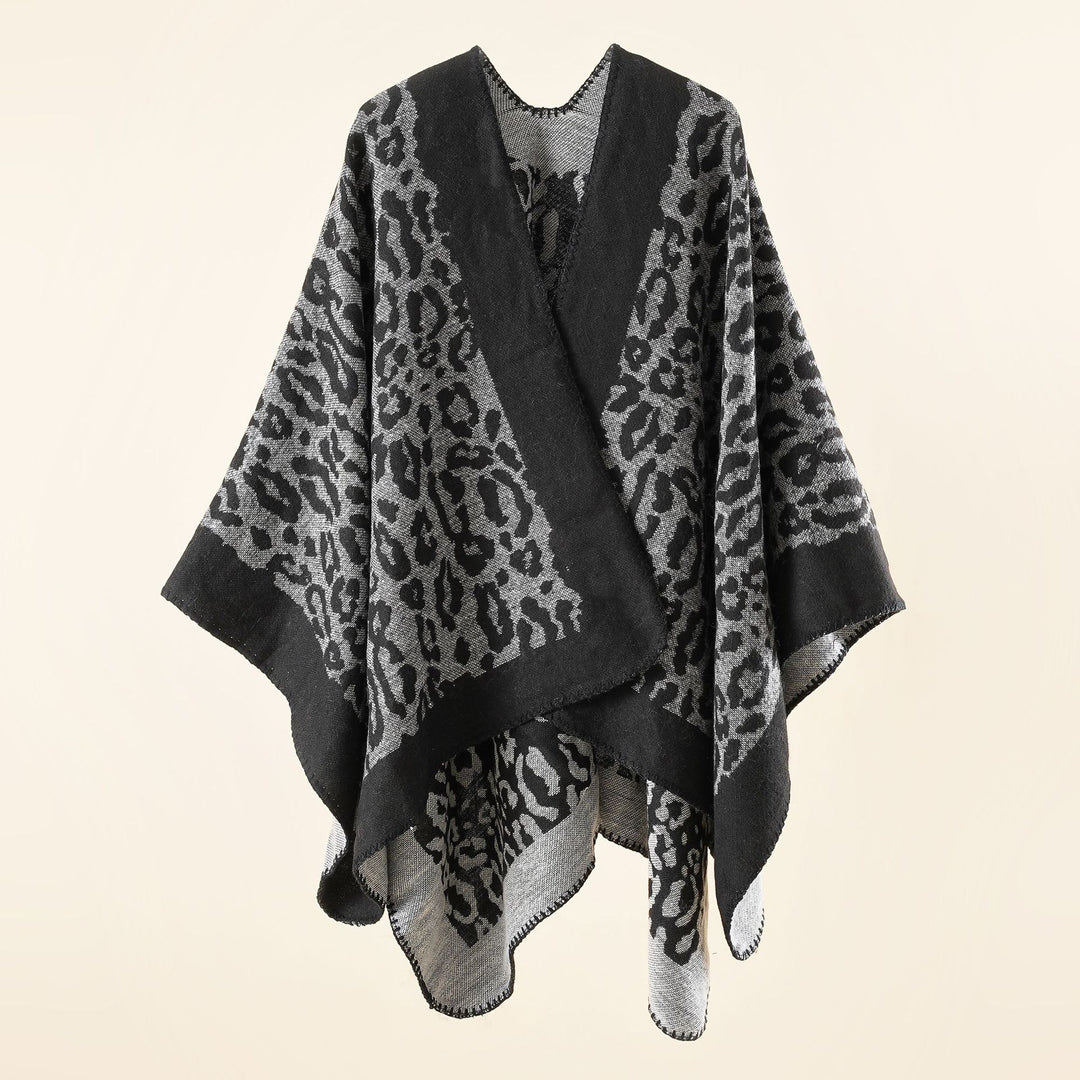 Damen Grobgewebter Jacquard‑Umhang mit Leo‑Print und offener Kimono‑Silhouette – Avérine