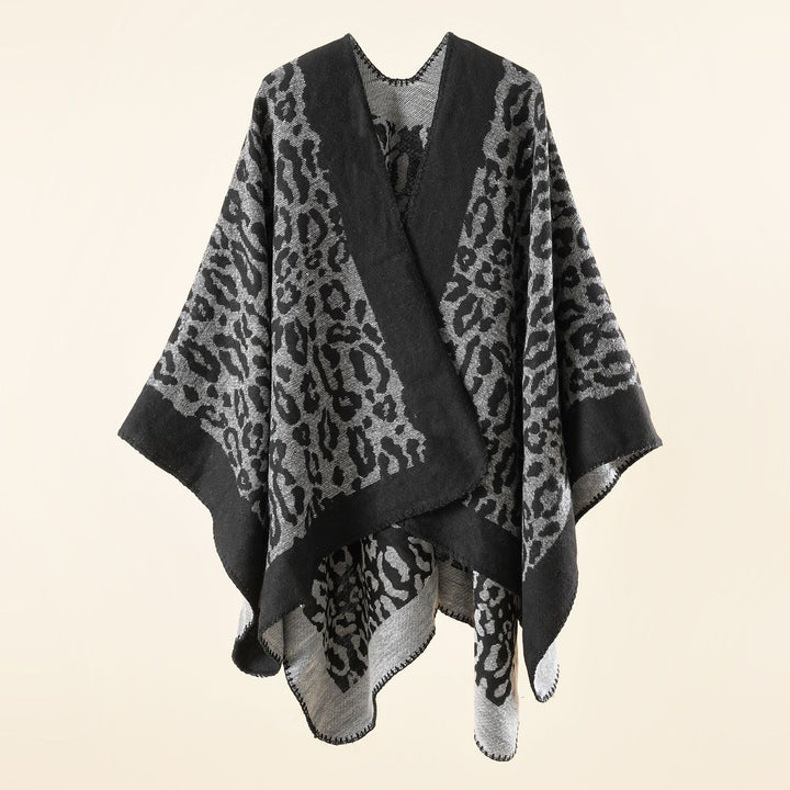 Damen Grobgewebter Jacquard‑Umhang mit Leo‑Print und offener Kimono‑Silhouette – Avérine