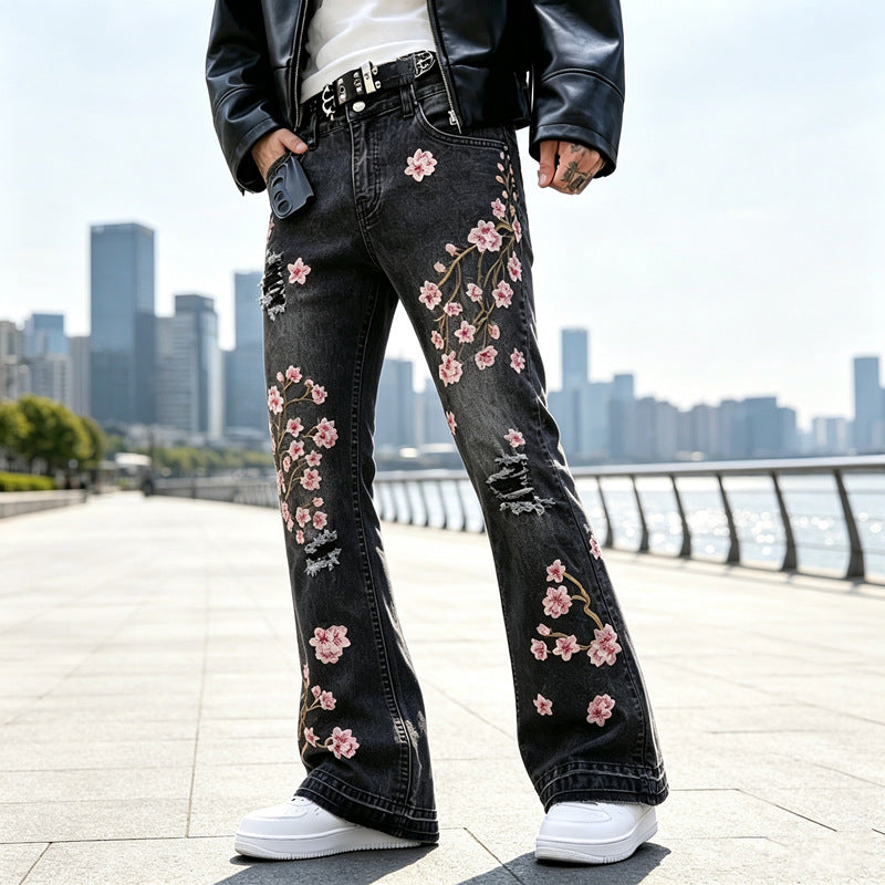 Damen Modische Flared Jeans mit Blumenstickerei Echoarchiv
