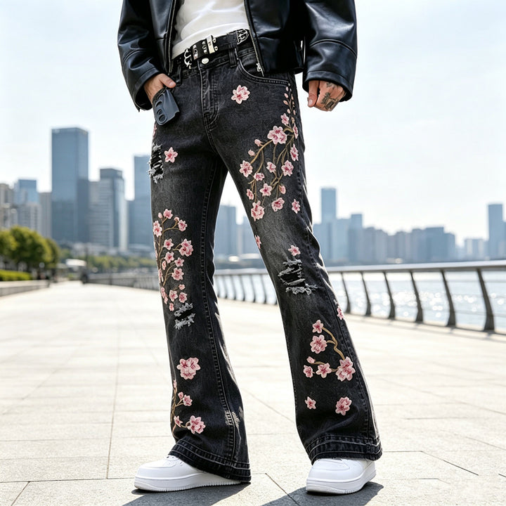 Damen Modische Flared Jeans mit Blumenstickerei Echoarchiv