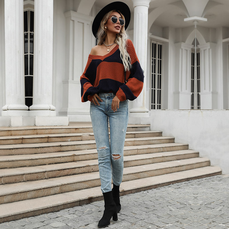 Damen Gestreifter Oversize V‑Ausschnitt Pullover im Grobstrick Echoarchiv