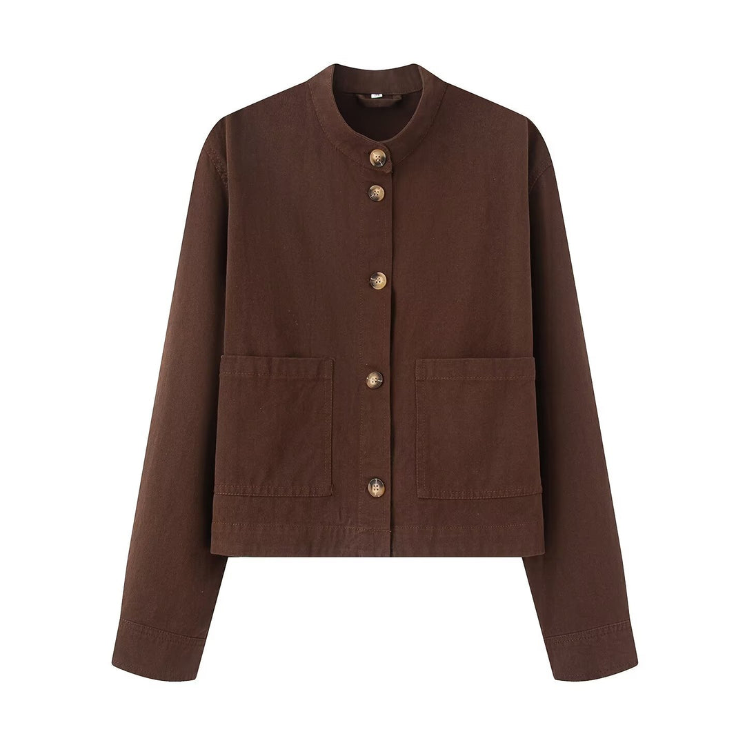 Damen Kurzjacke mit Stehkragen, Boxy‑Cropped Silhouette und aufgesetzten Taschen Echoarchiv