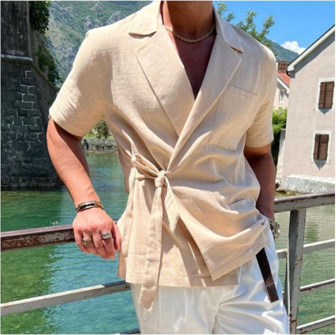 Herren elegantes Leinenhemd mit Wickeloptik Echoarchiv