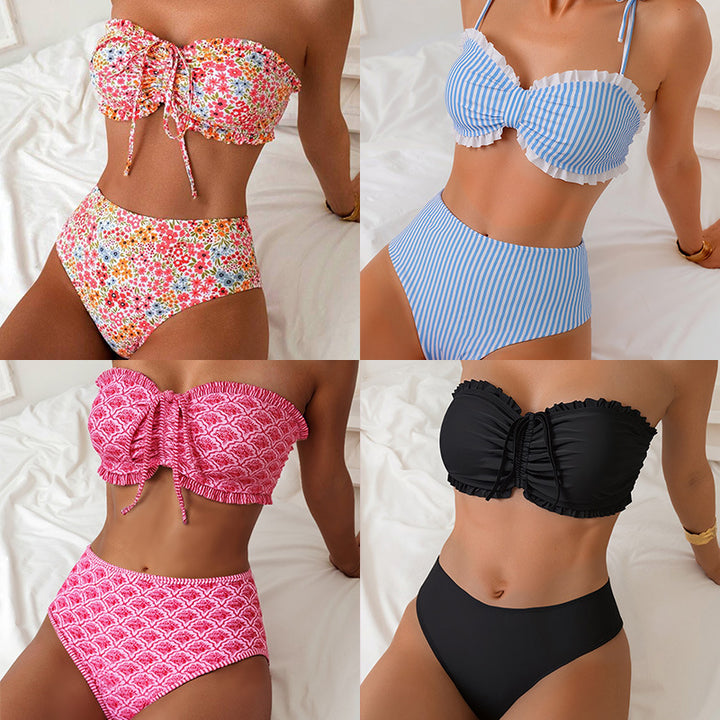 Damen Bandeau-Bikini mit voluminösen Rüschendetails und hohem Bund Echo Archiv