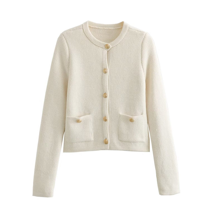 Damen Kurzgeschnittener Bouclé-Cardigan mit Rundhals, Pattentaschen und Münzknöpfen Echo Archiv