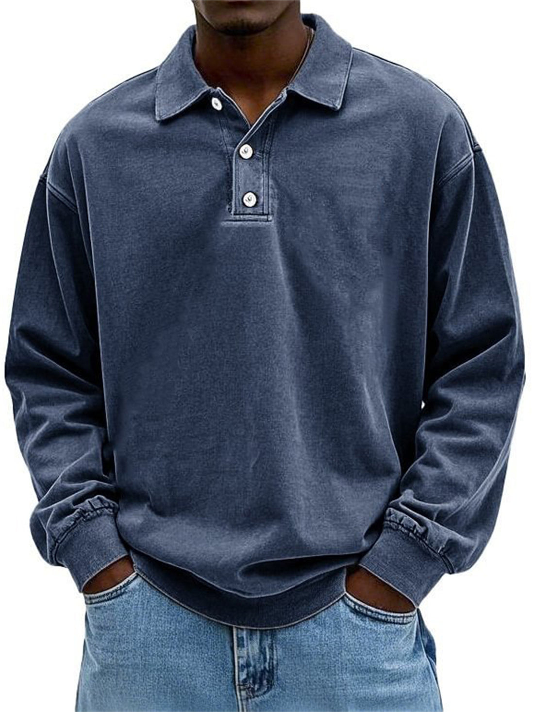 Herren Oversize Denim-Look Polo-Sweatshirt mit kurzer Knopfleiste und elastischen Bündchen EB – Norvane