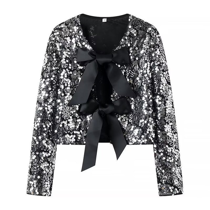 Damen Kurzjacke mit Paillettenbesatz und Zierschleifen-Front Echo Archiv