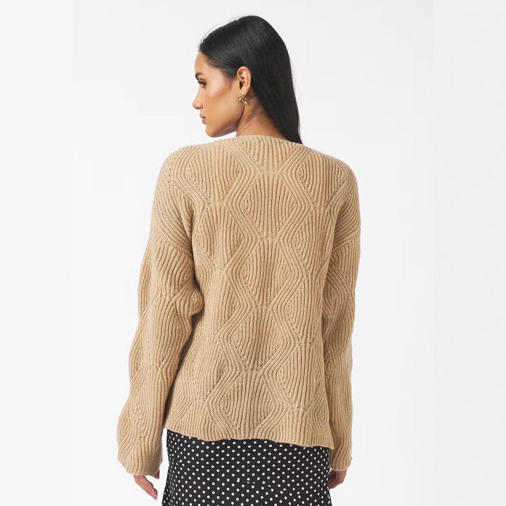 Damen Oversize Strickpullover mit V-Ausschnitt, Kordelzug und Rautenstruktur – Mavelle