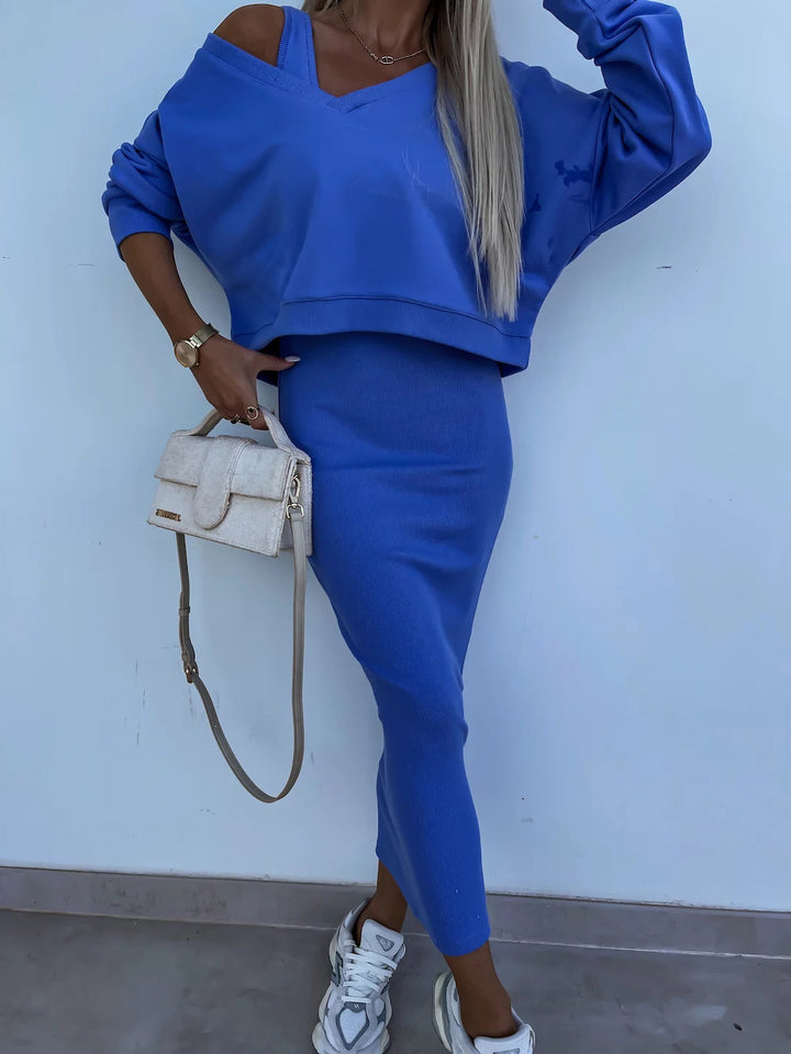 Damen weiches geripptes Lounge-Set mit Oversize-Viskoseshirt und High-Waist Schlaghose – Élanora