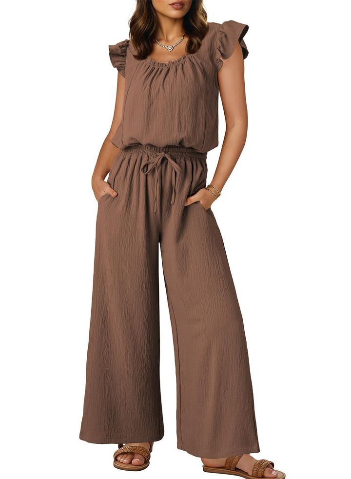Damen Crinkle-Overall mit weitem Bein, elastischem Taillenbund und Rüschenärmeln Echo Archiv