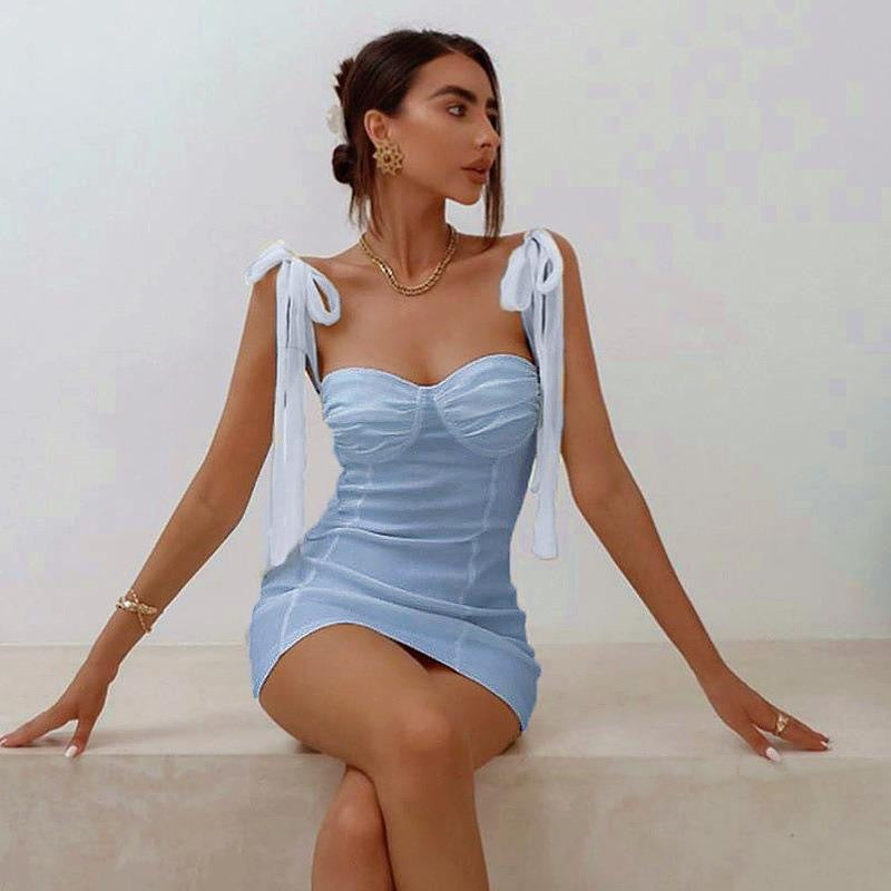 Damen Figurbetontes Minikleid mit trägerloser Bustier-Optik und charmanten Schleifen Echo Archiv