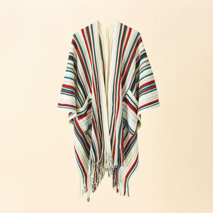 Damen Gestreifter Strickponcho mit Fransen und Eingrifftaschen Echo Archiv