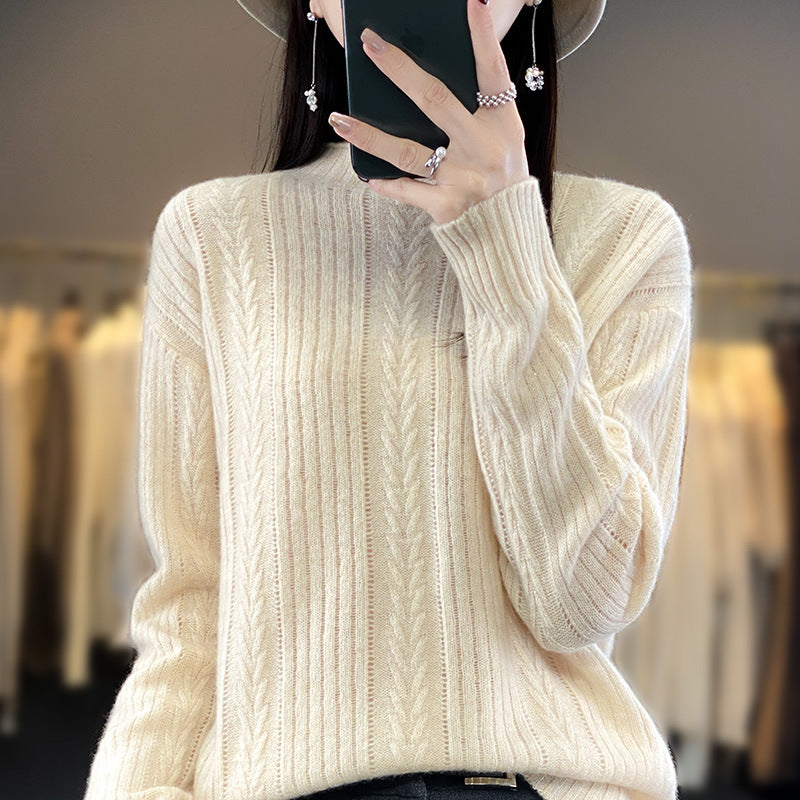 Damen Kaschmirähnlicher Feinstrick-Mockneckpullover mit Ajour‑Zopfmuster und lässiger Oversize‑Passform Echoarchiv