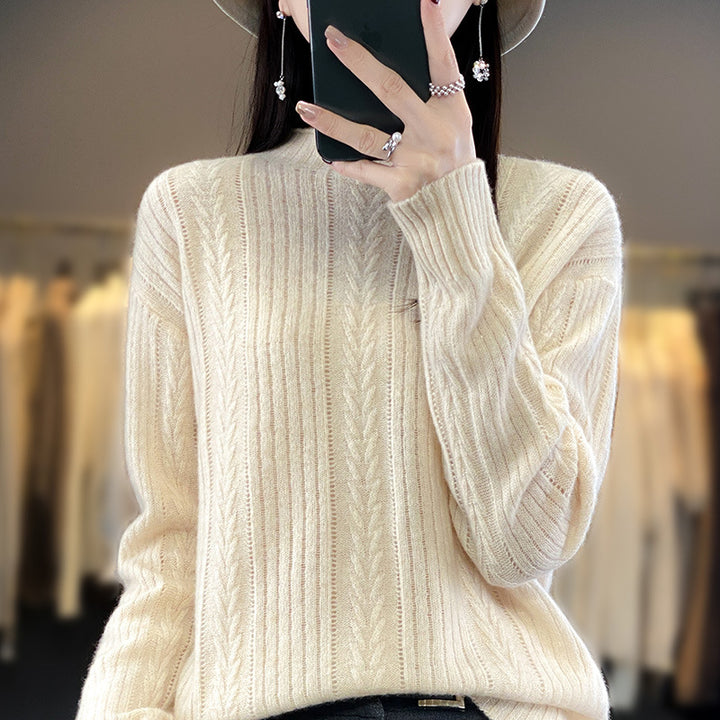 Damen Kaschmirähnlicher Feinstrick-Mockneckpullover mit Ajour‑Zopfmuster und lässiger Oversize‑Passform Echoarchiv