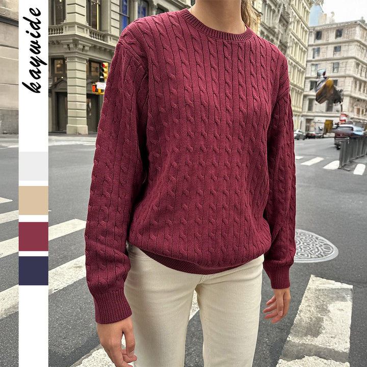 Damen grob gestrickter Zopfstrickpullover mit Rundhalsausschnitt, entspannter Oversize-Passform und gerippten Bündchen – Mavelle
