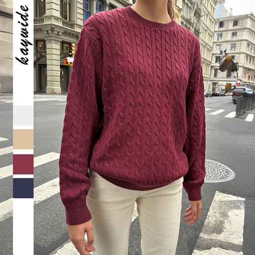 Damen grob gestrickter Zopfstrickpullover mit Rundhalsausschnitt, entspannter Oversize-Passform und gerippten Bündchen – Mavelle