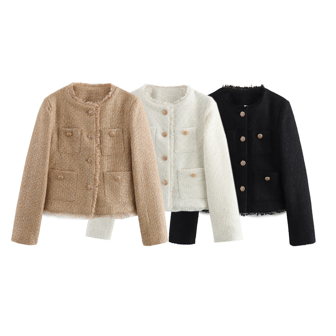 Damen kastiger Bouclé-Blazerjacke mit dekorativen Flechtknöpfen, aufgesetzten Taschen und fransiger Saumkante – Célinea