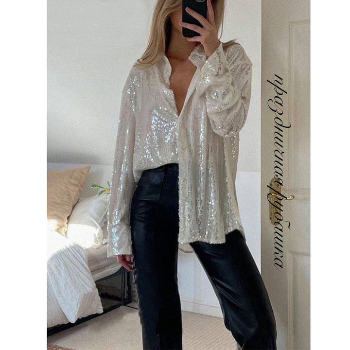 Damen Glitzerndes Langarmhemd mit lässigem Schnitt und eleganten Pailletten Echo Archiv