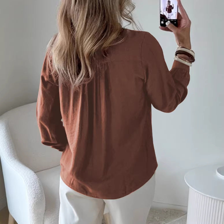 Damen Bluse mit V‑Ausschnitt, geraffter Schulterpasse und Ballonärmeln – Élovi