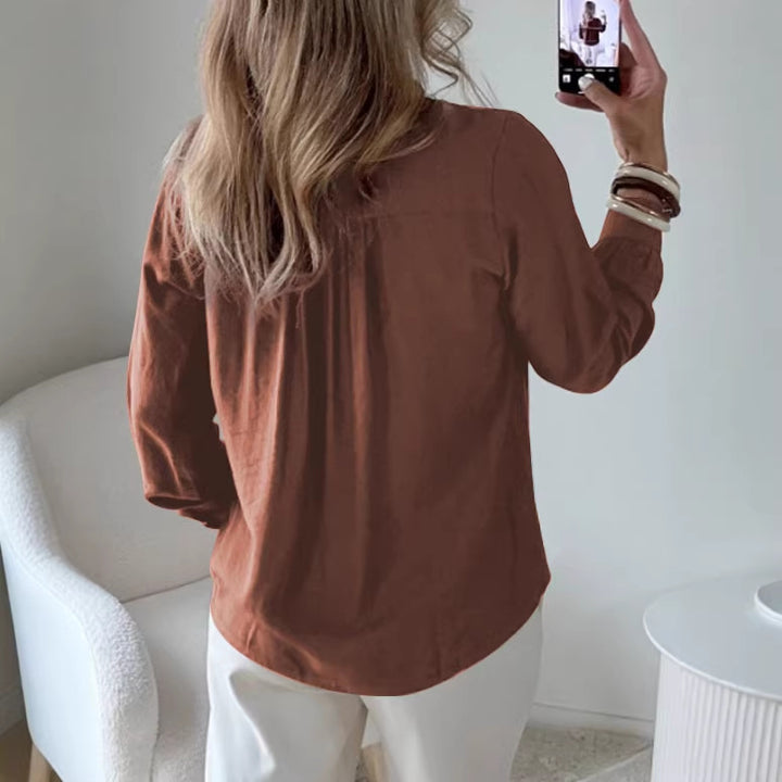 Damen Bluse mit V‑Ausschnitt, geraffter Schulterpasse und Ballonärmeln – Élovi