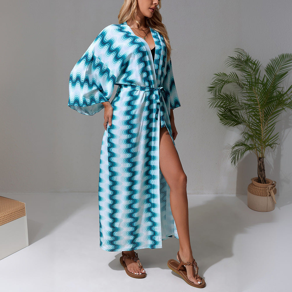 Damen Langer Strandkaftan mit V-Ausschnitt, Taillen-Bindegürtel & hohem Beinschlitz Echoarchiv