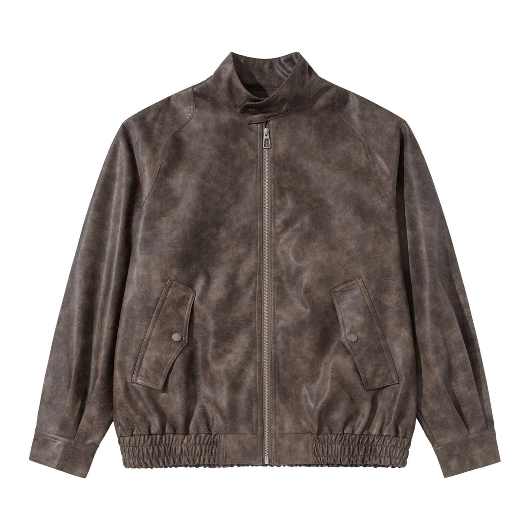 Herren Vintage‑inspirierte Kunstleder‑Bomberjacke mit Funnelkragen, Pattentaschen und elastischem Saum Echoarchiv