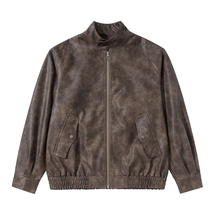 Herren Vintage‑inspirierte Kunstleder‑Bomberjacke mit Funnelkragen, Pattentaschen und elastischem Saum Echoarchiv