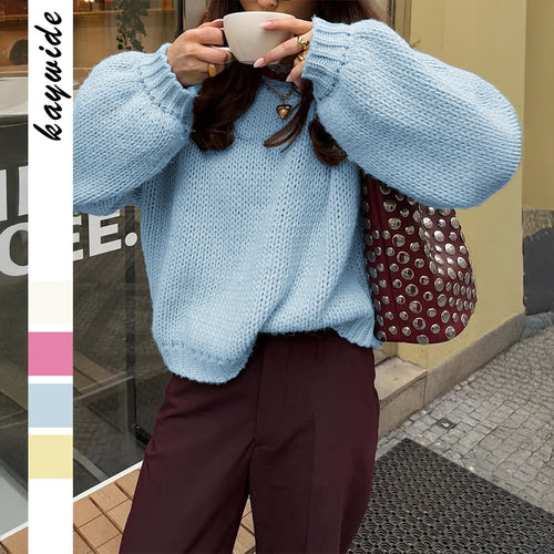 Damen oversized Grobstrickpullover mit Rundhalsausschnitt und gerippten Abschlüssen – Mavelle