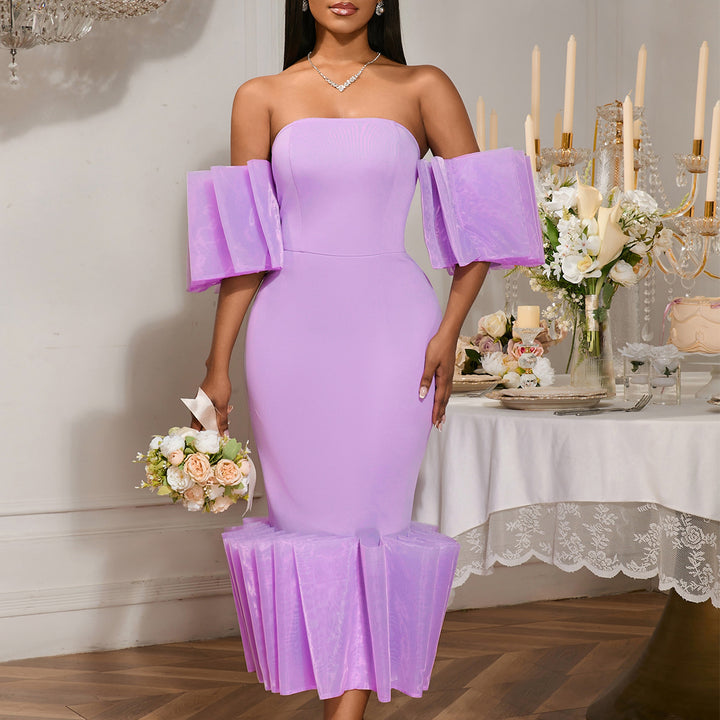 Damen Elegantes Midi-Kleid mit voluminösen Rüschenärmeln und asymmetrischem Saum Echo Archiv