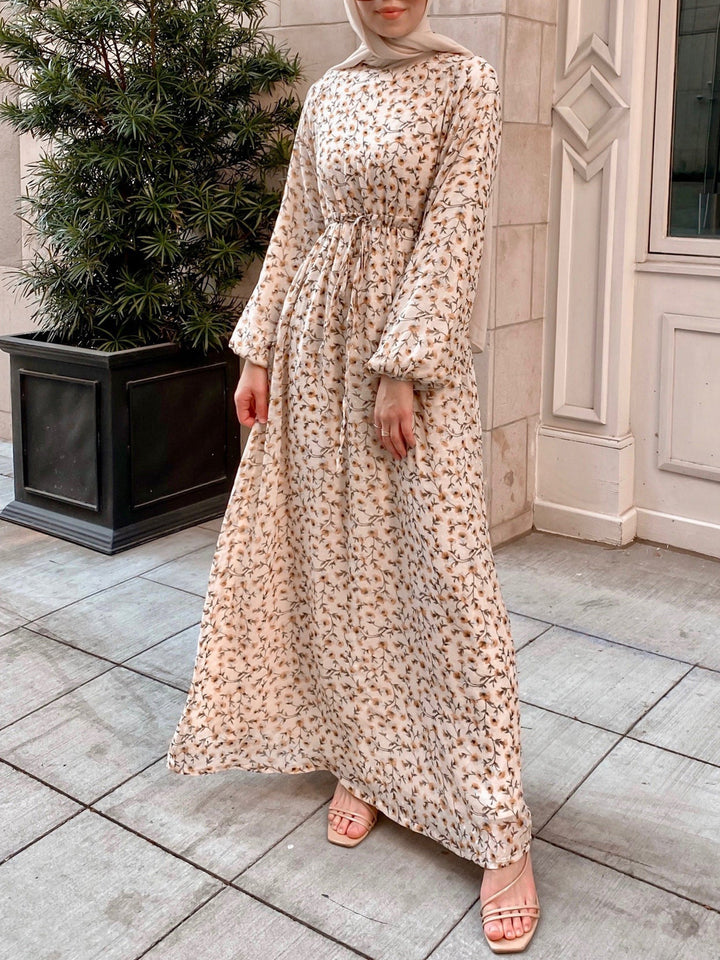 Damen Geblümtes Maxikleid mit Kordel-Taille und Ballonärmeln – Valéora