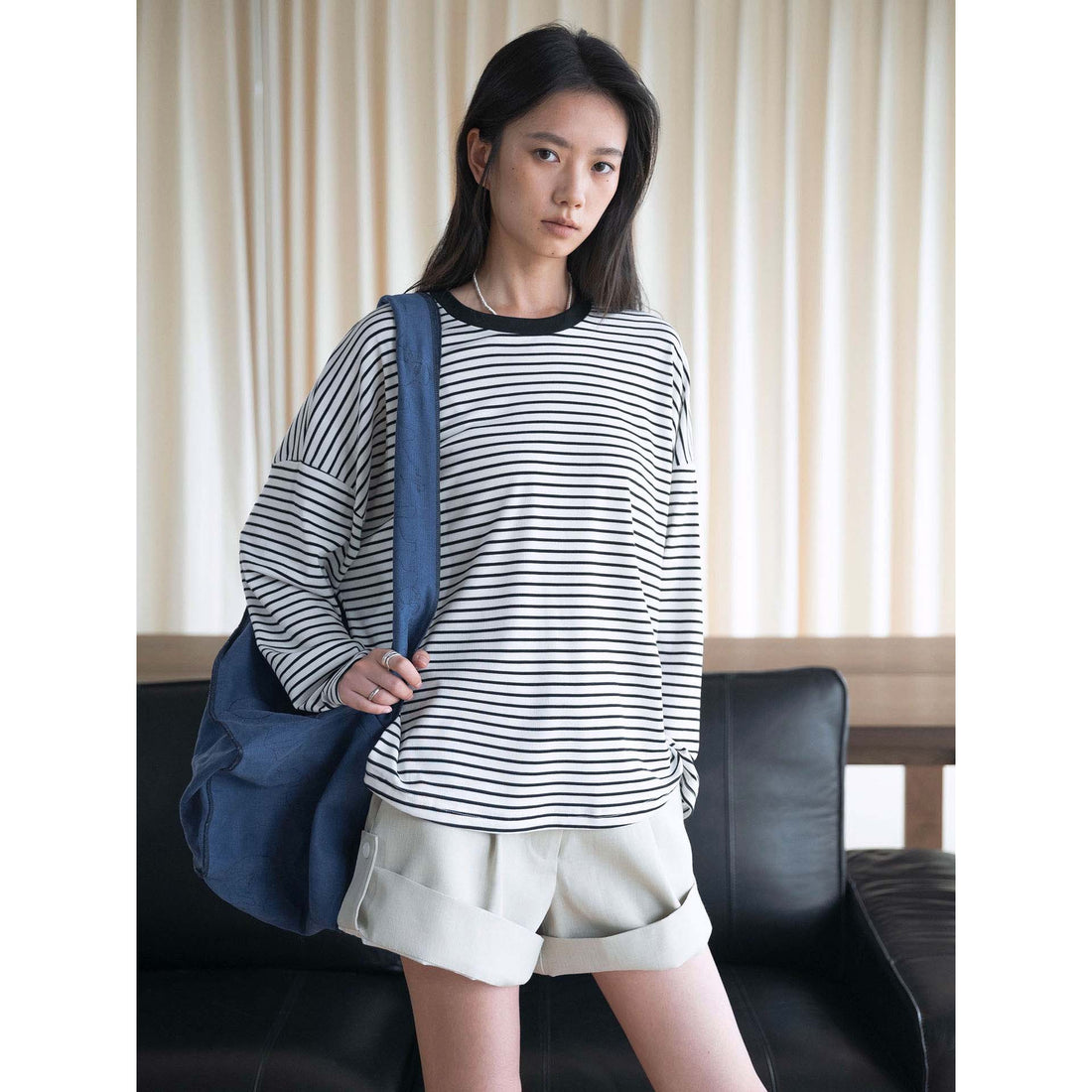 Damen Oversized Streifen-Langarmshirt mit kontrastierendem Rundhalsausschnitt Echoarchiv
