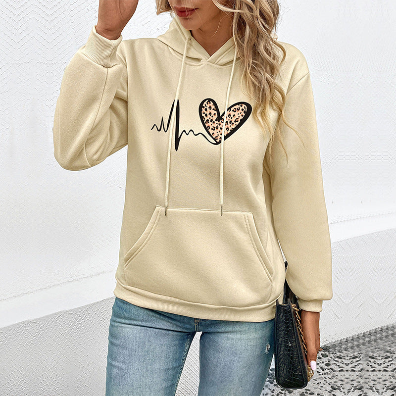 Damen Kapuzenpullover mit Herz‑EKG‑Print, Kängurutasche und lockerer Passform Echoarchiv