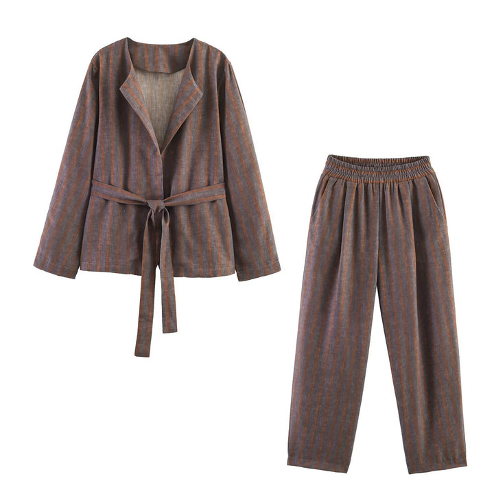 Damen Zweiteiliges Leinen-Set mit Bindegürteljacke und elastischer High-Waist-Hose Echo Archiv