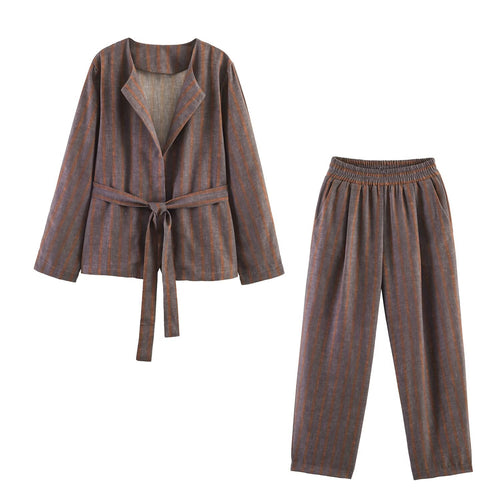 Damen Zweiteiliges Leinen-Set mit Bindegürteljacke und elastischer High-Waist-Hose Echo Archiv