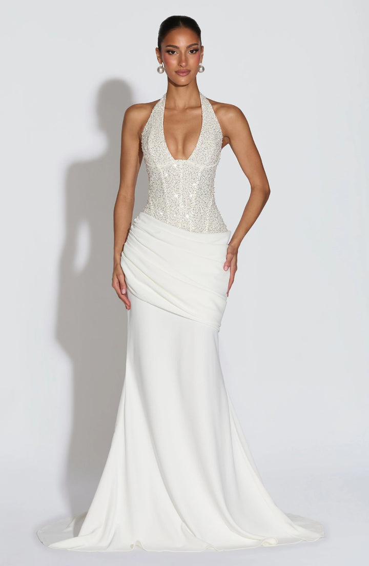 Damen Glamouröses Abendkleid mit tiefem V-Ausschnitt und dekorativen Pailletten Echo Archiv