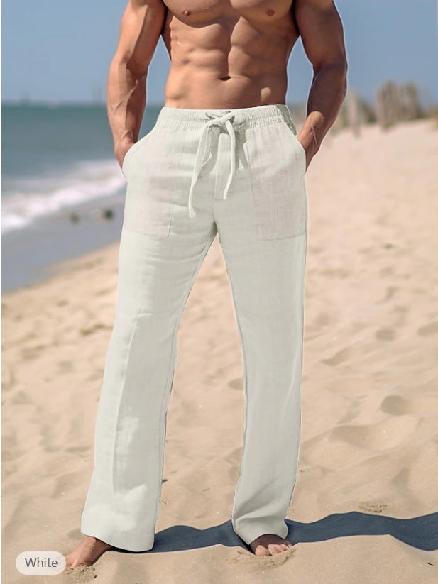 Herren weite Resort-Freizeithose im Palazzo-Stil aus Leinenmix mit Tunnelzug und seitlichen Eingrifftaschen – Sorevano