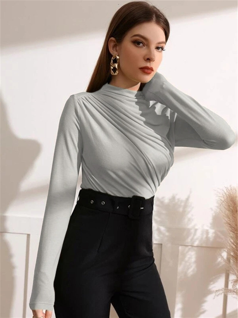Damen Figurbetontes Langarmshirt mit seitlichem Drapieren und Stehkragen – Avérine
