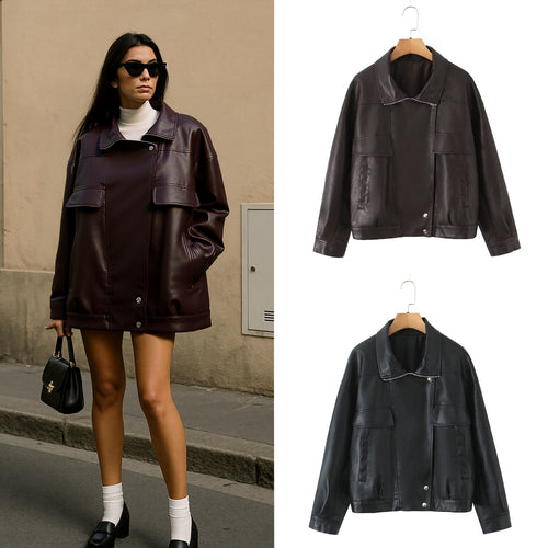 Damen Oversized Kunstleder-Blousonjacke mit asymmetrischem Reißverschluss und Pattentaschen Echo Archiv