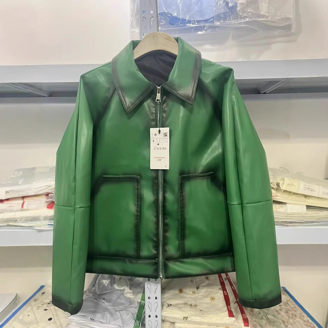 Damen boxy Kunstlederblouson mit großem Schalkragen, mittigem Metallreißverschluss und aufgesetzten Fronttaschen – Célinea
