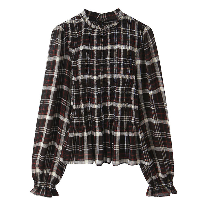 Damen Gestreifte Bluse mit Smok-Front, Stehkragen und Volant-Saum Echo Archiv