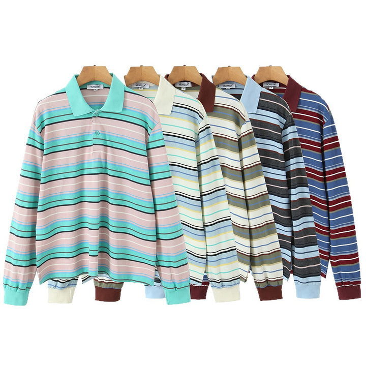 Damen Gestreiftes Poloshirt‑Sweatshirt aus Baumwollmix mit Kontrastkragen und gerippten Bündchen Echoarchiv
