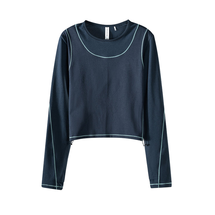 Damen Leichtes cropped Layering-Longsleeve mit Mesh-Ärmeln, Kontrastnähten und Kordelzug Echoarchiv